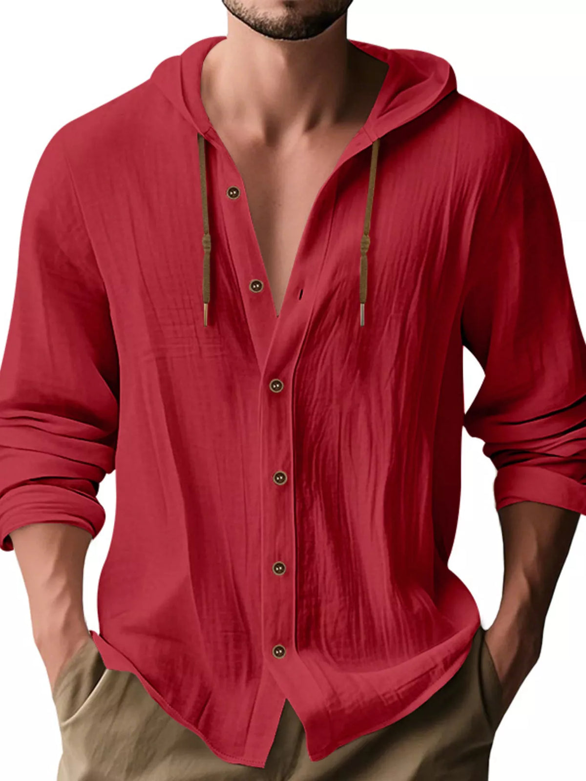 Model wearing red hooded button-up shirt