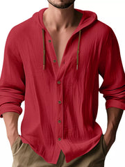 Model wearing red hooded button-up shirt