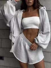 Light gray zip hoodie and shorts set with white bandeau