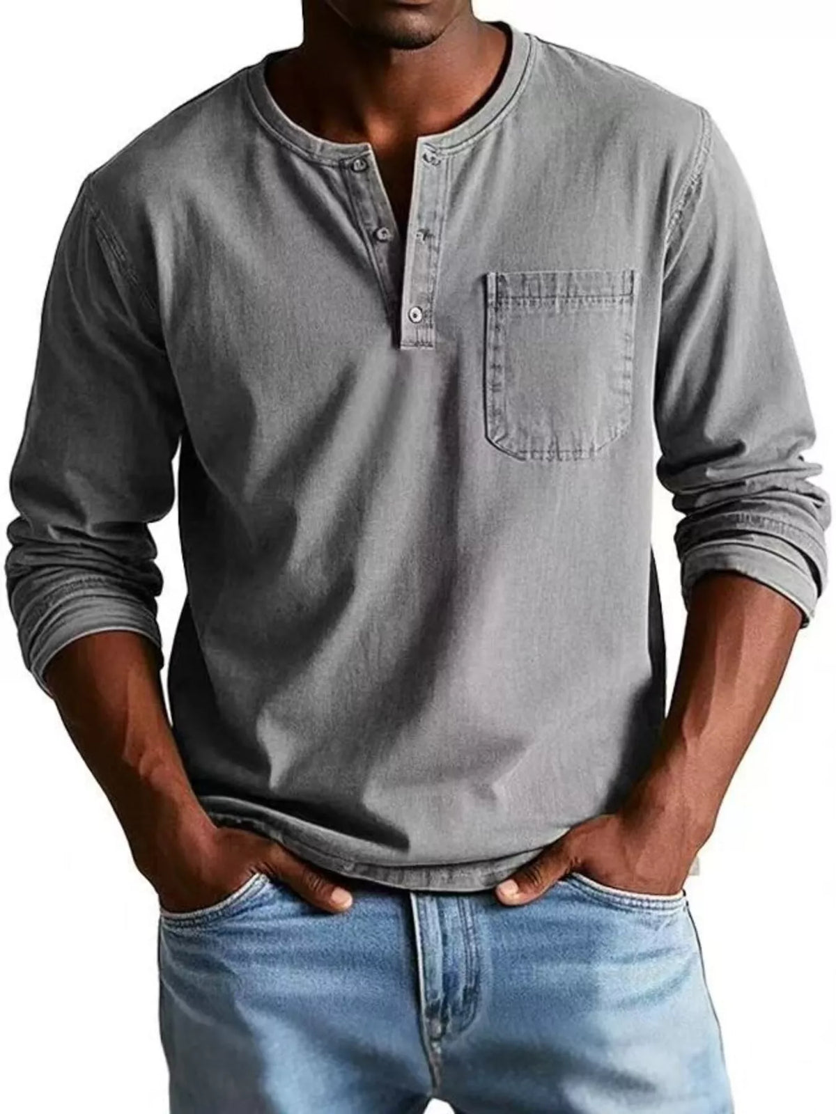 Model wearing the purple button-detail top
