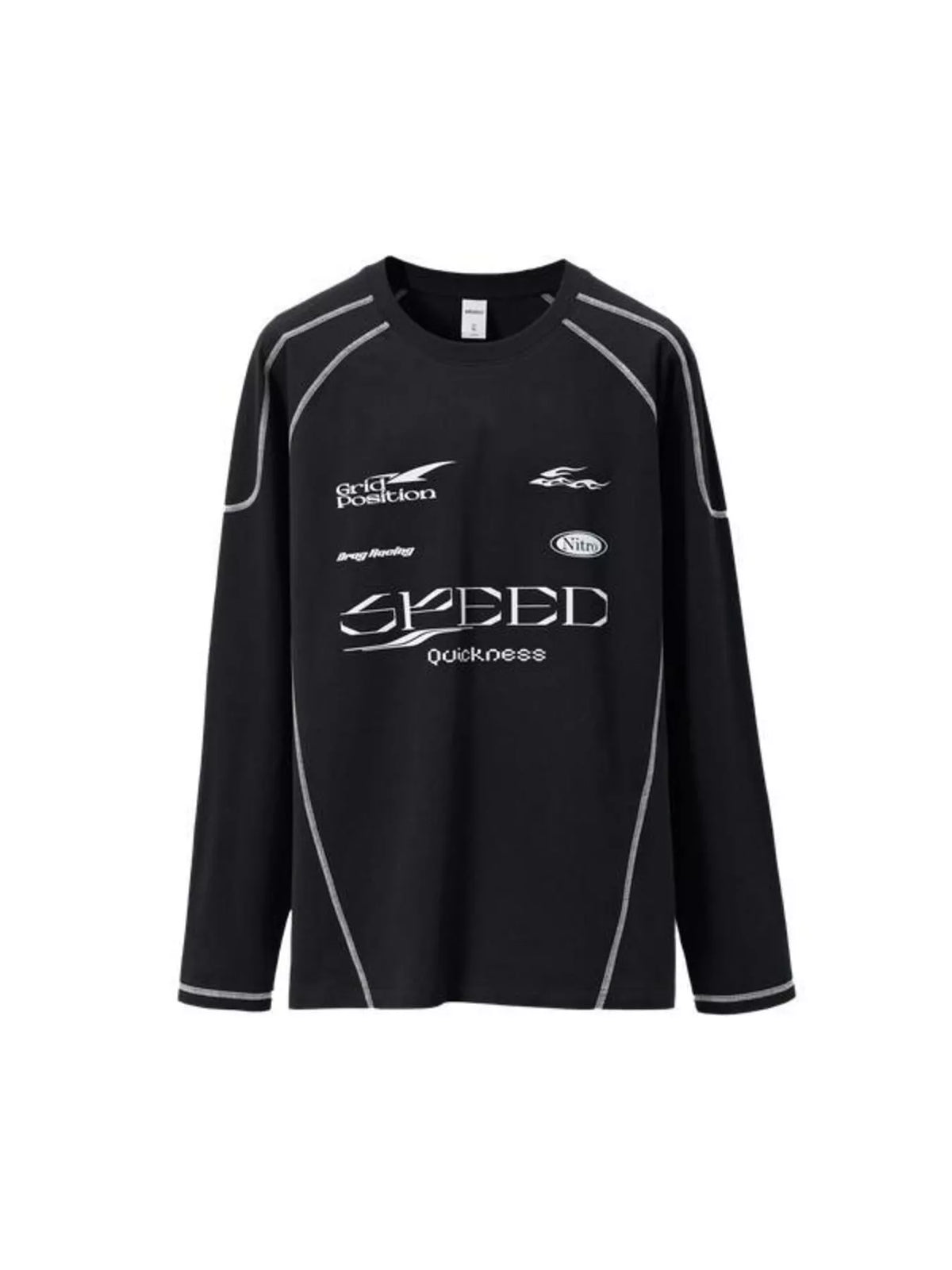 Black long-sleeve T-shirt displayed flat with white SPEED graphic and contrast stitching