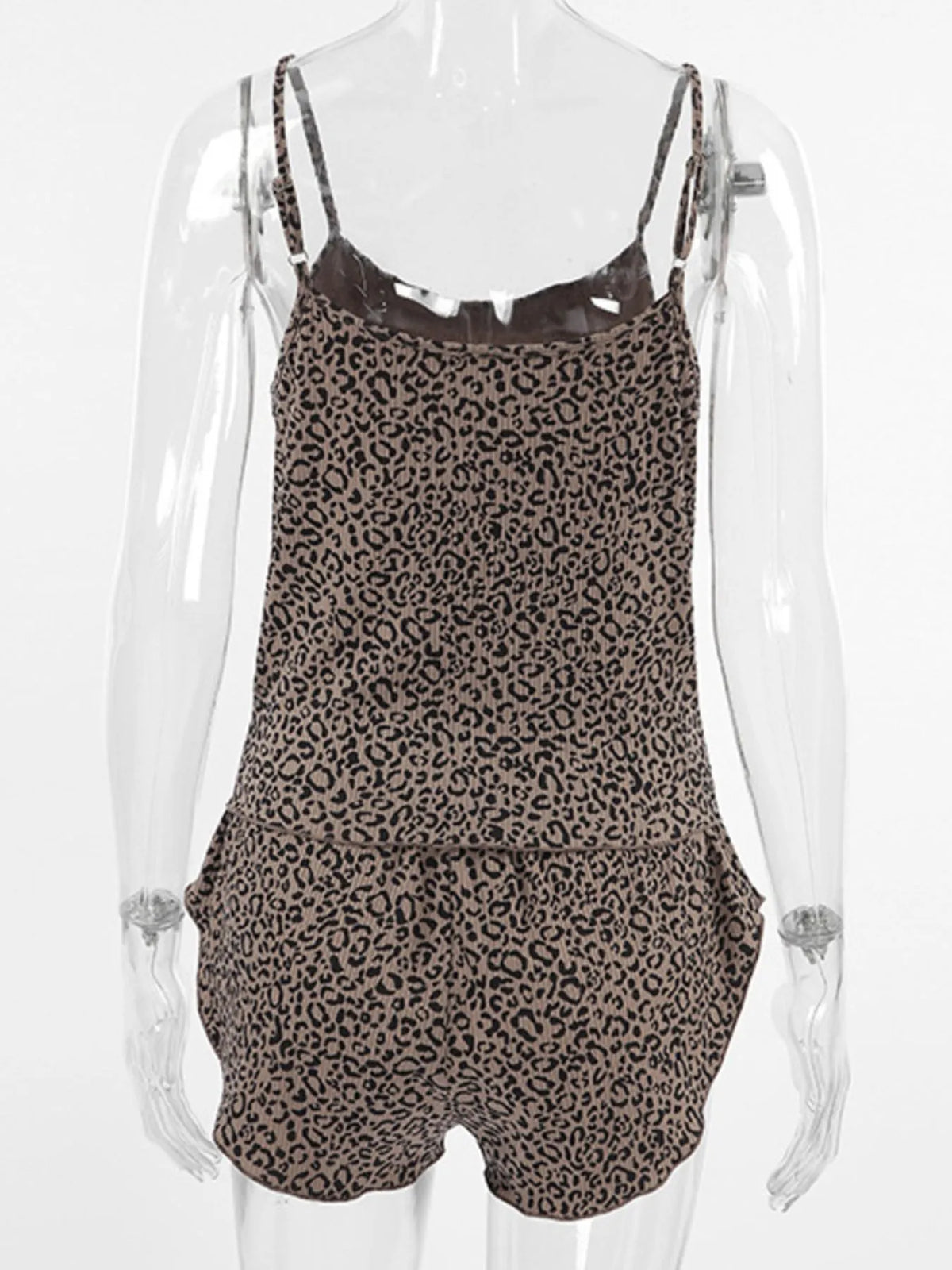Model wearing leopard-print cami and shorts