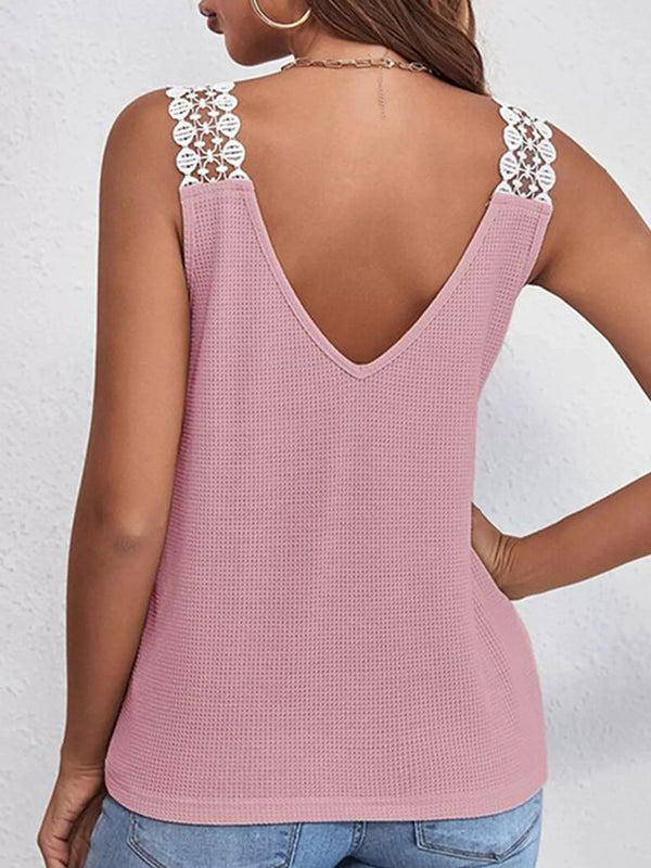 Pink tank rear with deep V back and floral lace straps