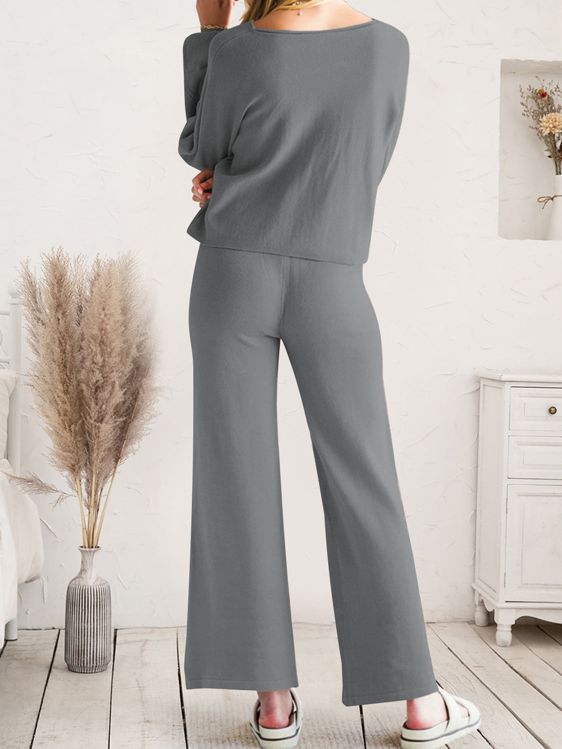Charcoal drawstring lounge pants shown from the waist down