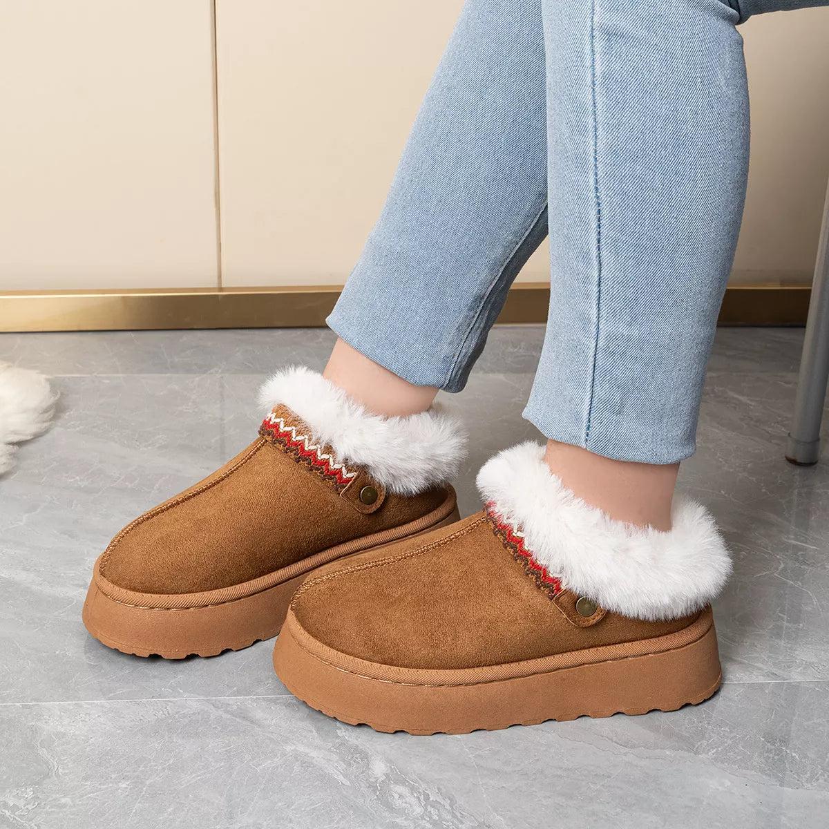 Tan suede-look platform ankle boots with faux-fur cuffs