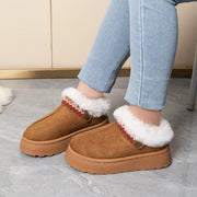 Tan suede-look platform ankle boots with faux-fur cuffs