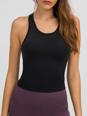 Front view of black ribbed racerback active tank