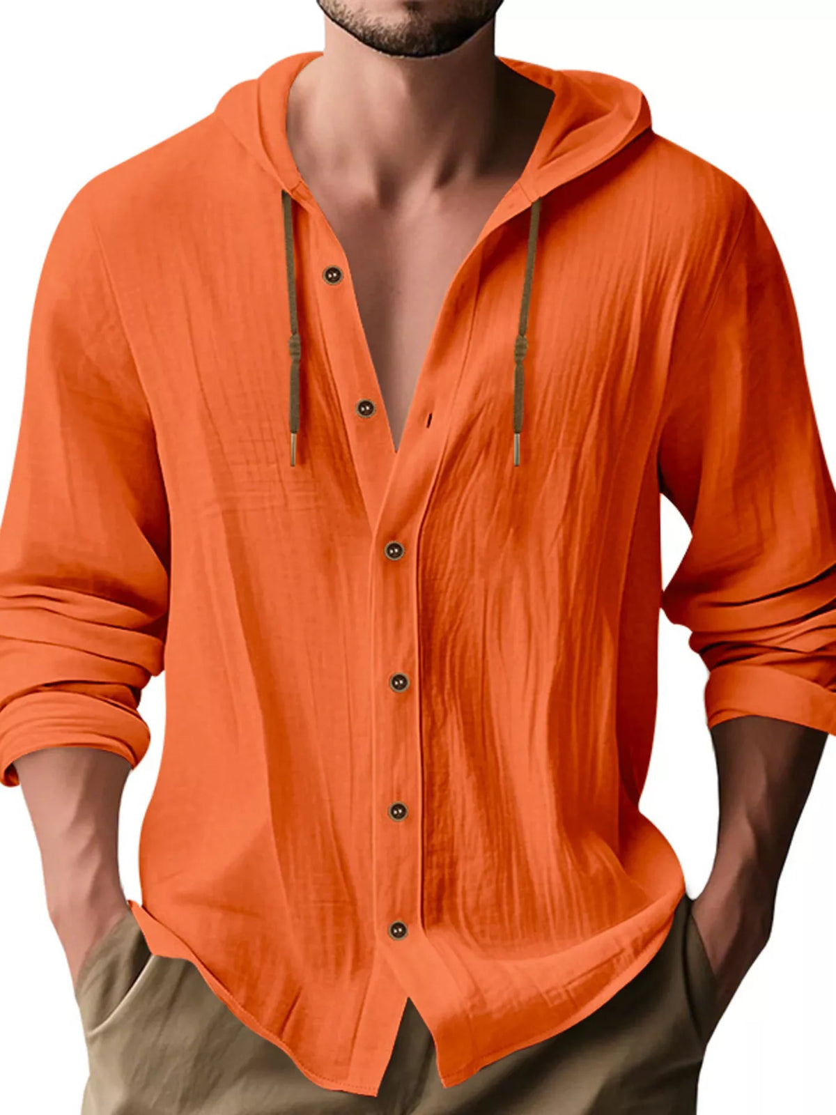 Model wearing orange hooded button-up shirt