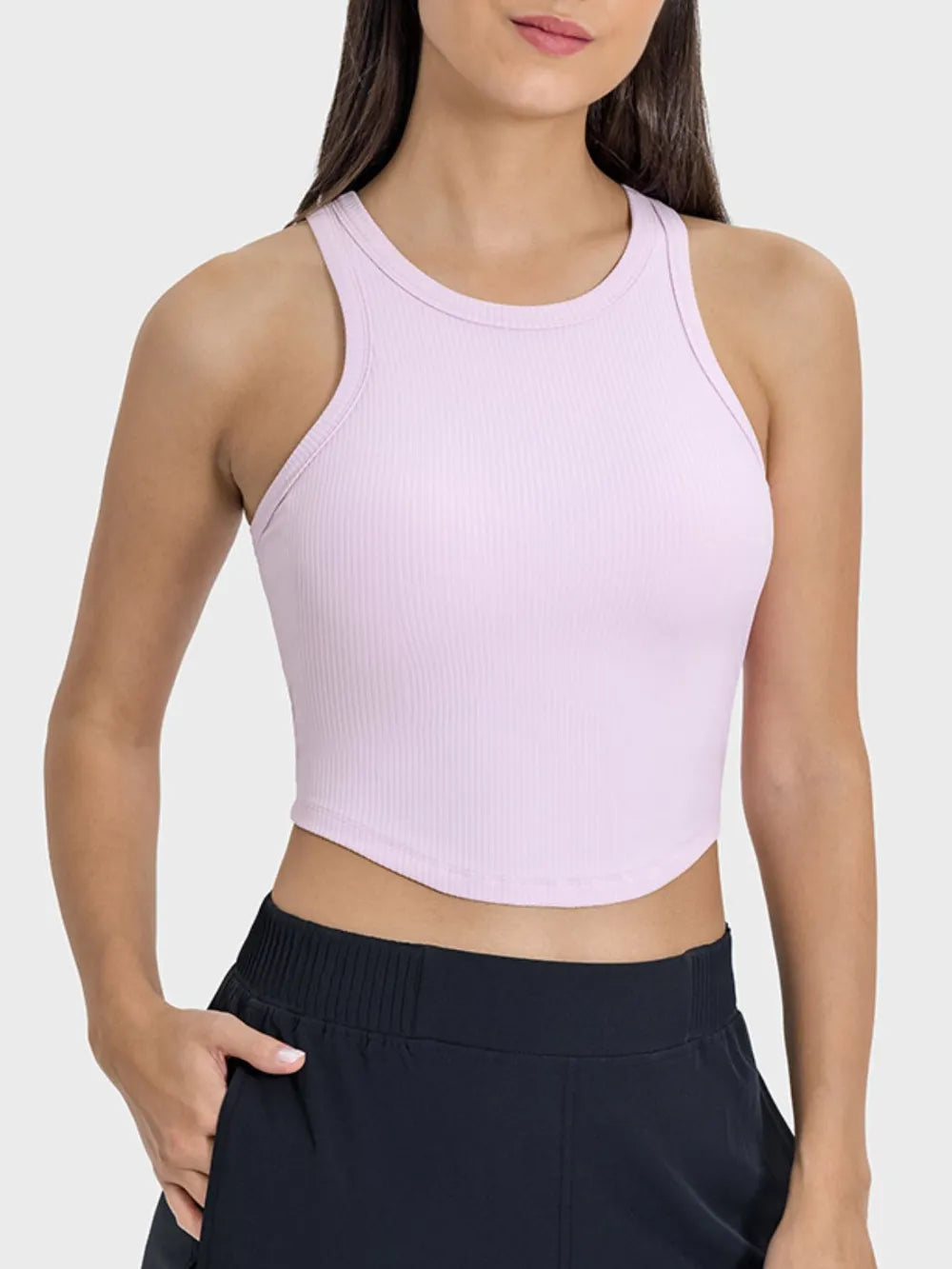 Front view of pale pink racerback tank top