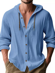Model wearing light blue hooded button-up shirt