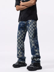 Side angle of blue checkerboard jeans showing the loose fit