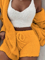Mustard yellow fuzzy lounge set with crop top, cardigan and shorts