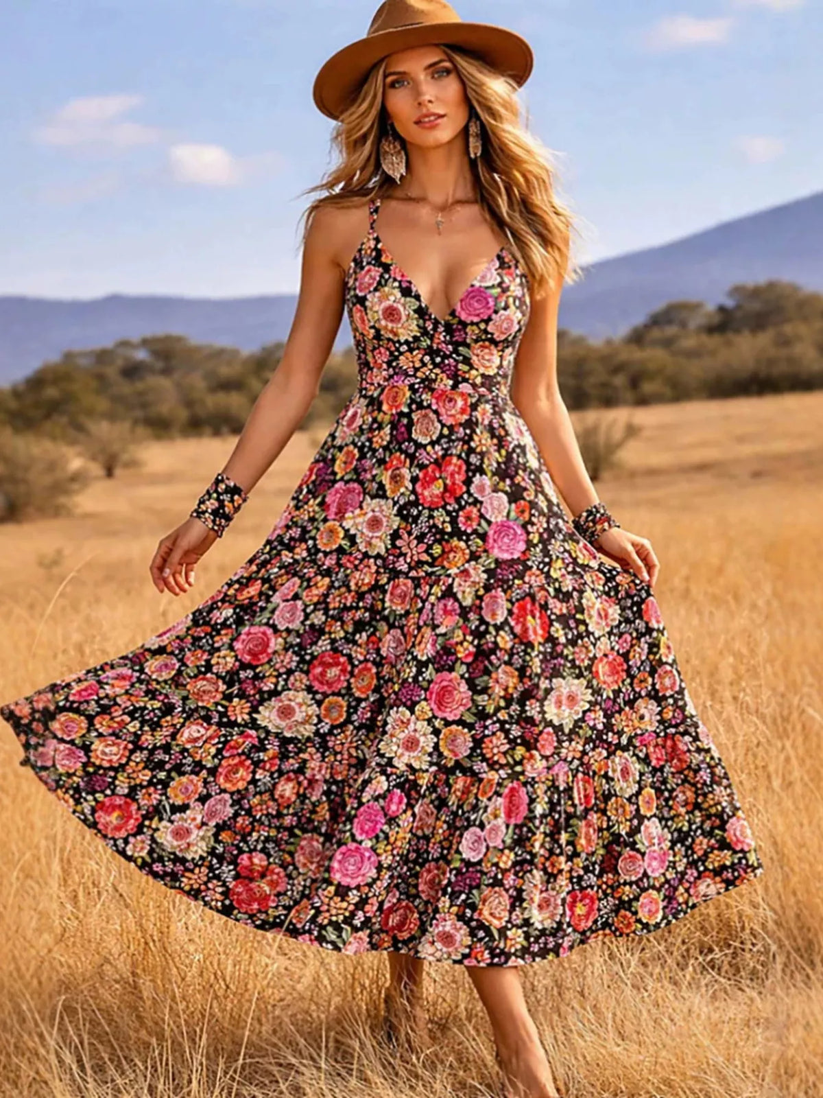 Black midi dress with pink floral print and thin straps, front view