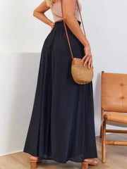 Front view of navy wide-leg pants with a drawstring waist