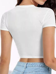 White fitted cropped T-shirt, back view on model