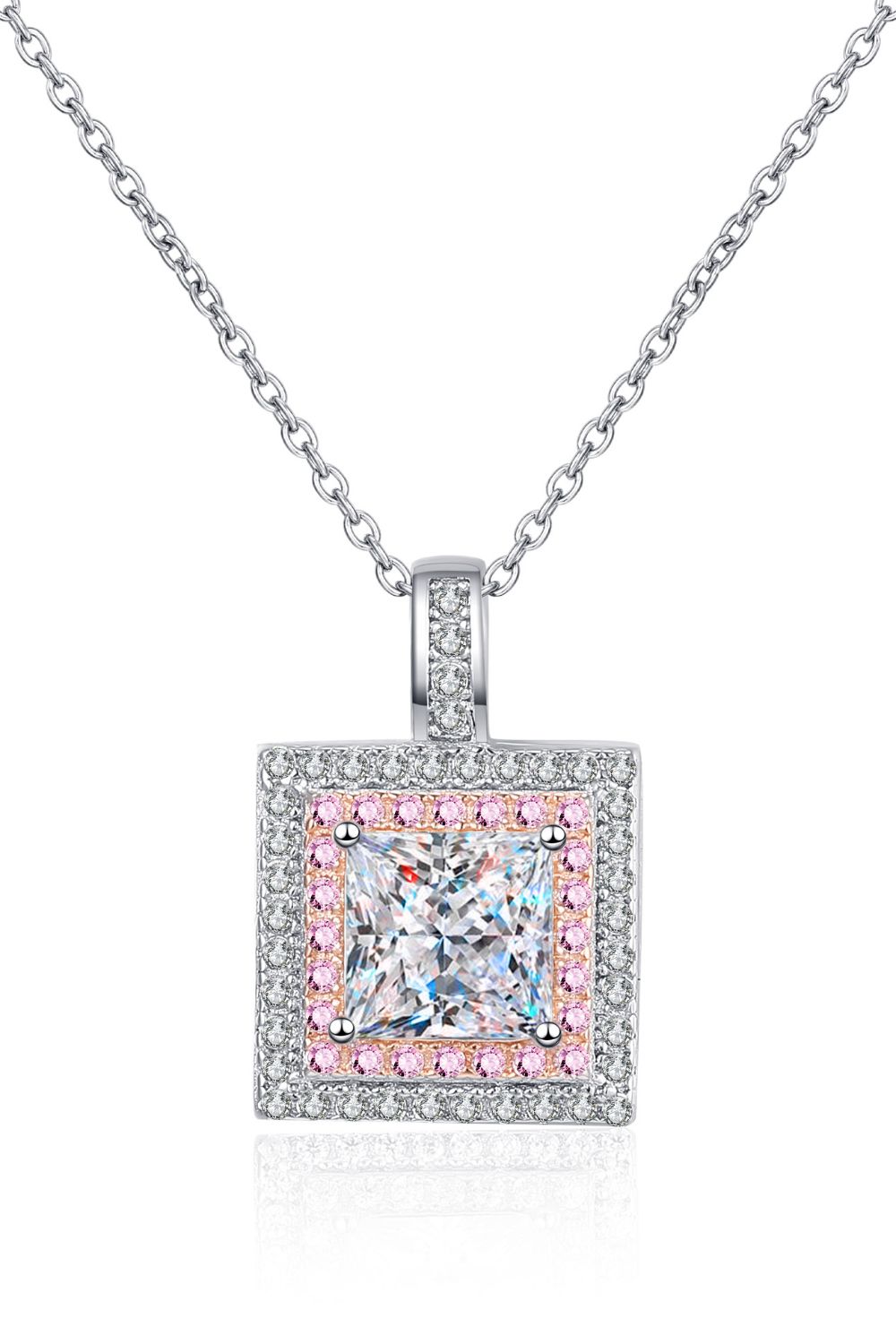 Front view of a square clear-stone pendant necklace with pink border