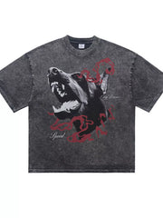 Washed charcoal T-shirt with wolf and red serpent graphic, laid flat