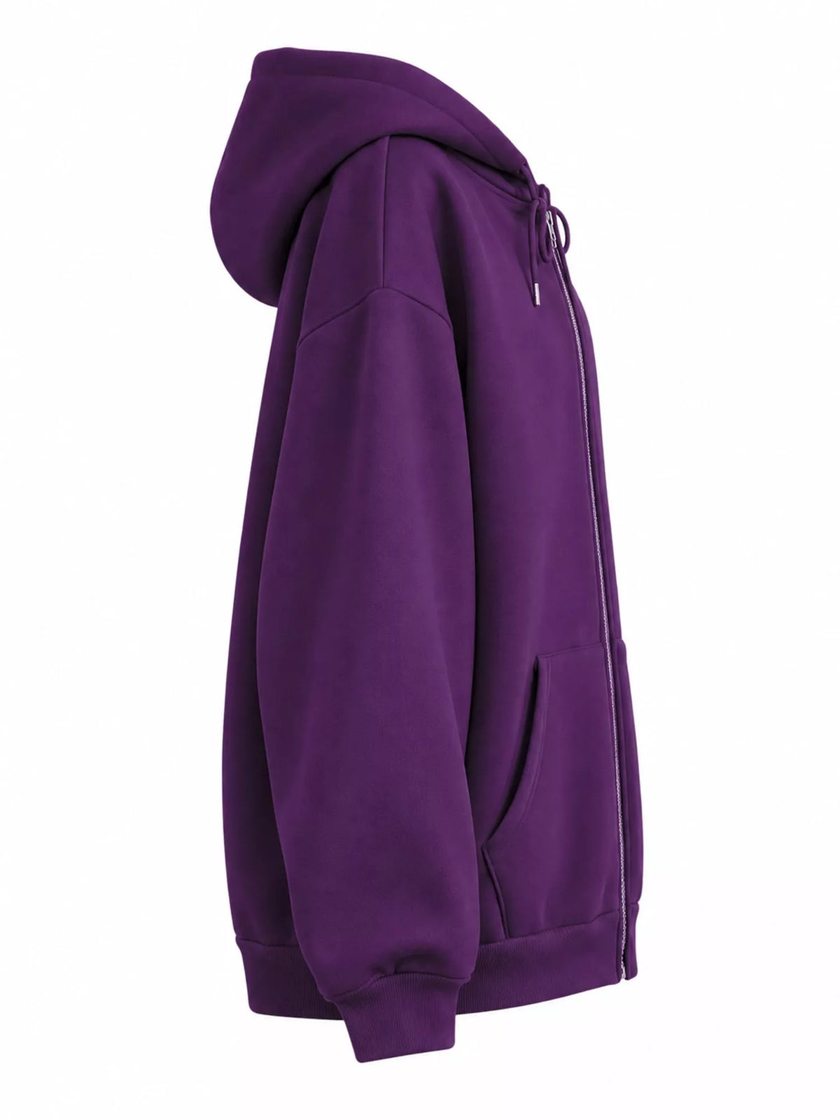 Side view of the purple hoodie showing the hood profile and loose sleeve