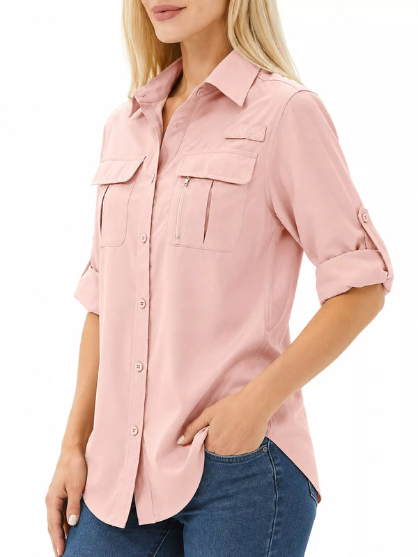 Pink button-down shirt with chest pockets, angled front view