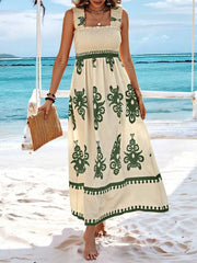 Front view of green and cream printed maxi dress