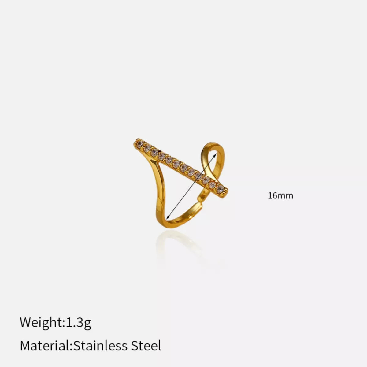 Gold-tone irregular ring with 16 mm measurement and 1.3 g stainless steel specifications