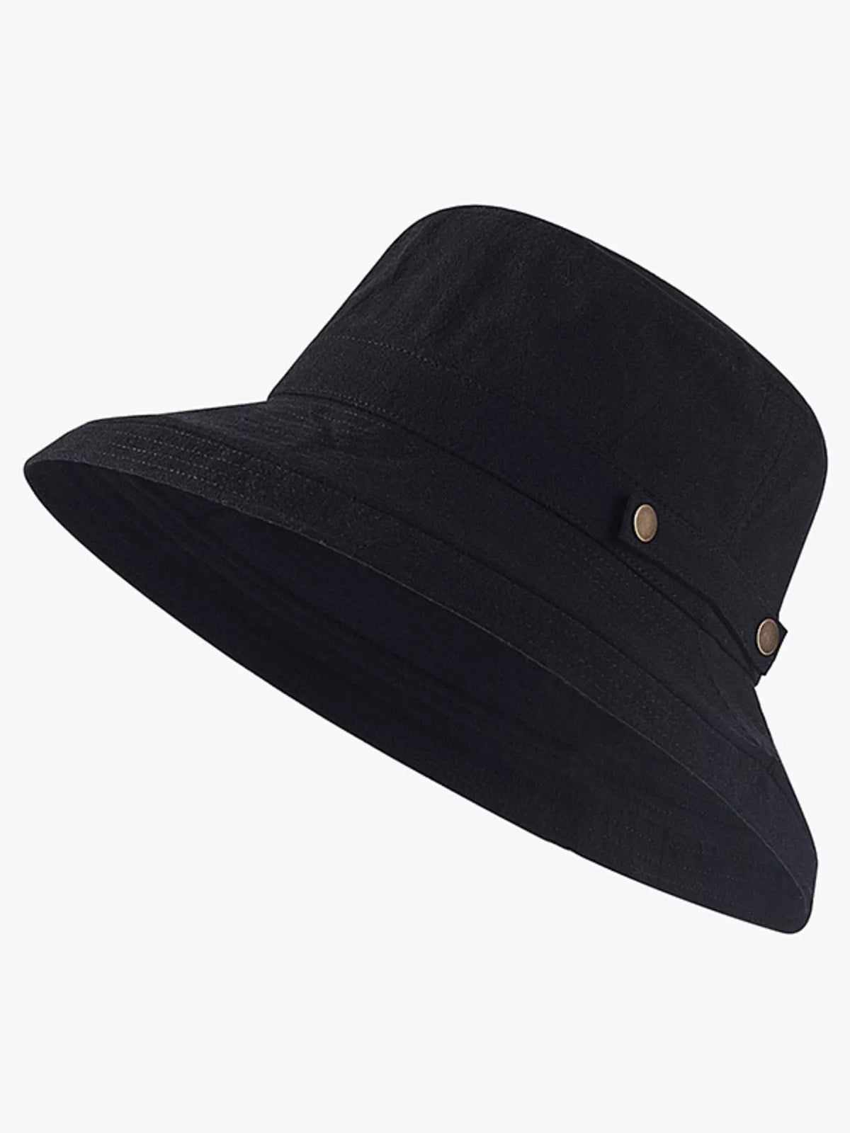 Black wide-brim sun hat with a band and small round side buttons.