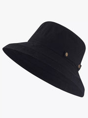 Black wide-brim sun hat with a band and small round side buttons.