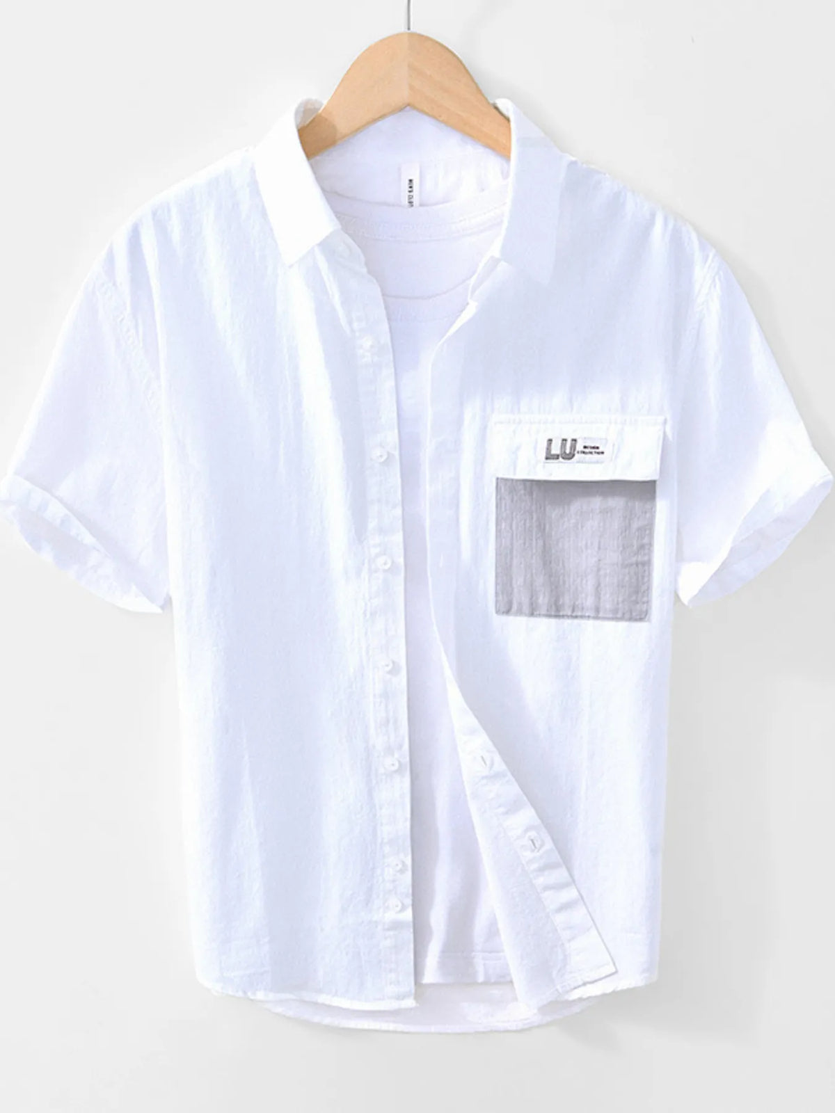 White short-sleeve button-down shirt with chest pocket, front view