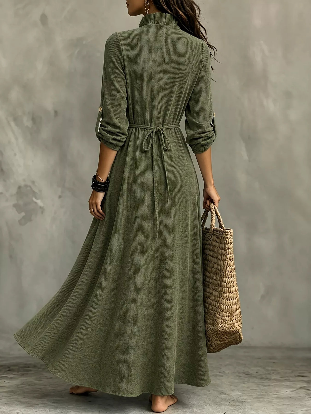 Back view of olive V-neck maxi dress with waist tie