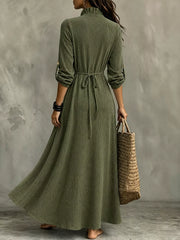 Back view of olive V-neck maxi dress with waist tie