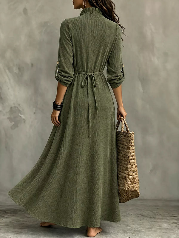 Back view of olive V-neck maxi dress with waist tie