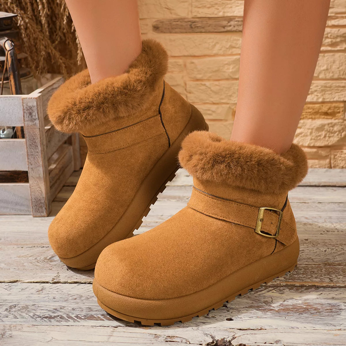 Tan and brown fur-lined ankle boots shown together