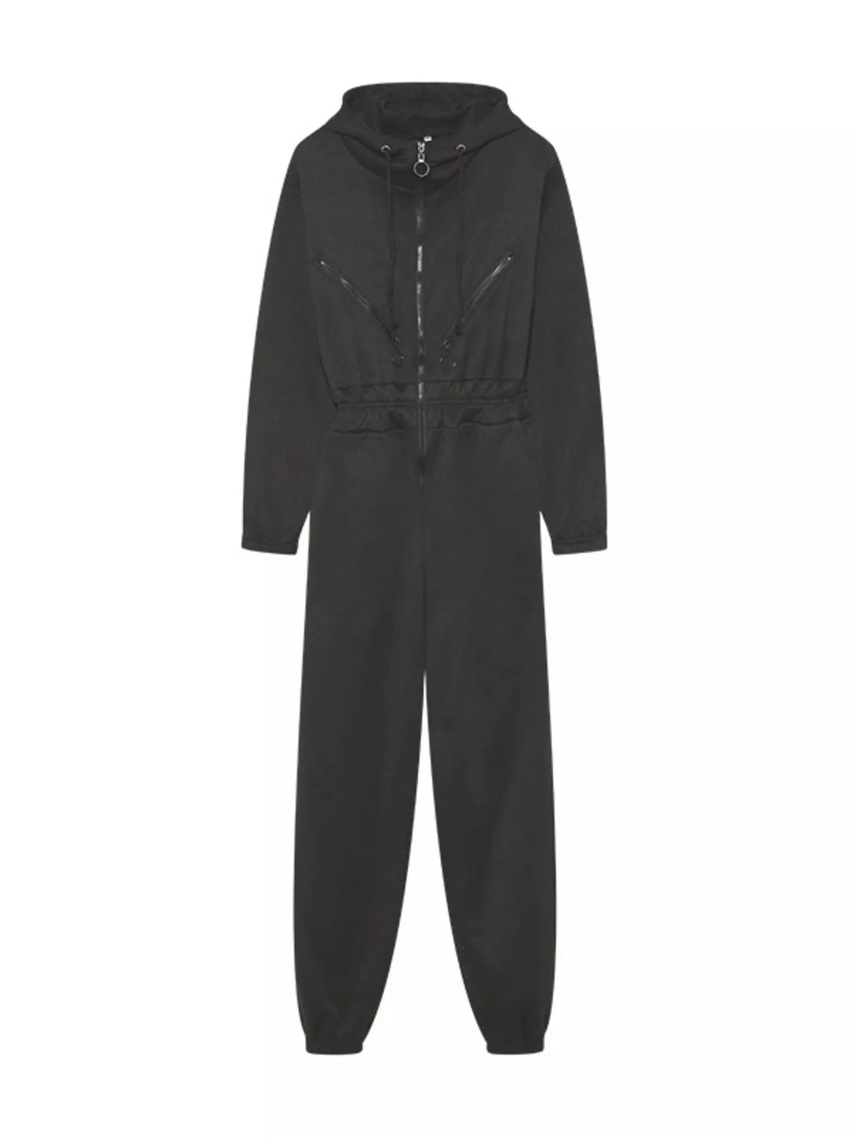 Women's hooded zip-up long-sleeve jumpsuit, black flat-lay front view