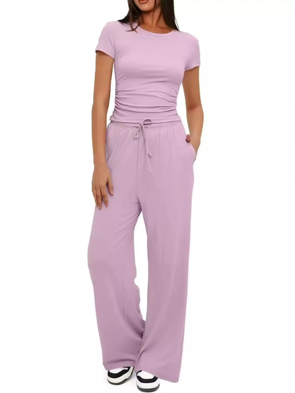 Closer front view of the lavender set showing the fitted top and drawstring waist.