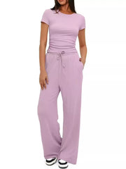 Closer front view of the lavender set showing the fitted top and drawstring waist.