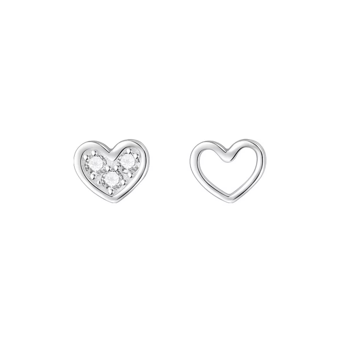 Pair of heart-shaped sterling silver studs, front view