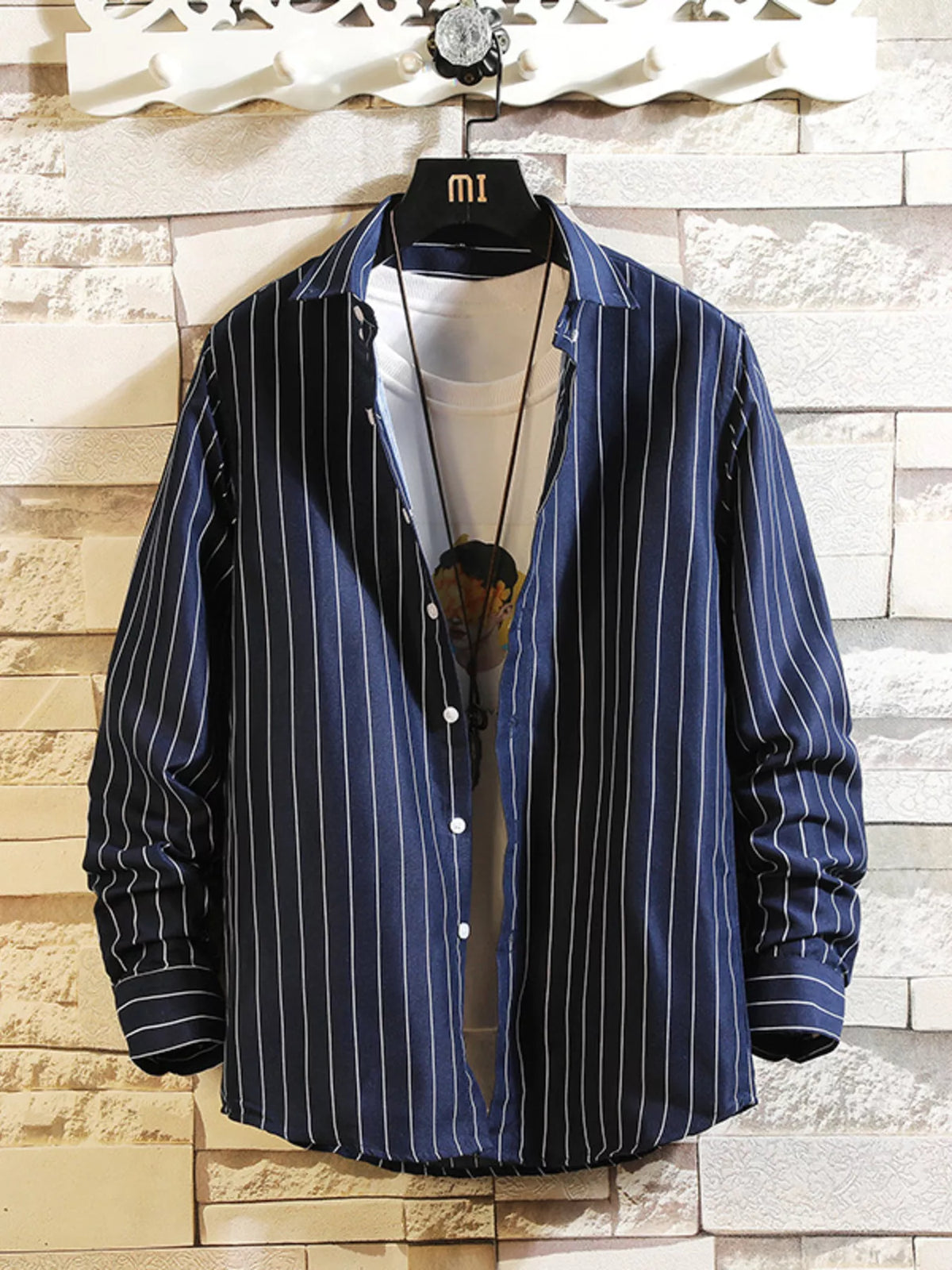 Navy-and-white vertically striped button-up shirt, front view