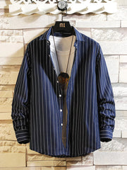 Navy-and-white vertically striped button-up shirt, front view