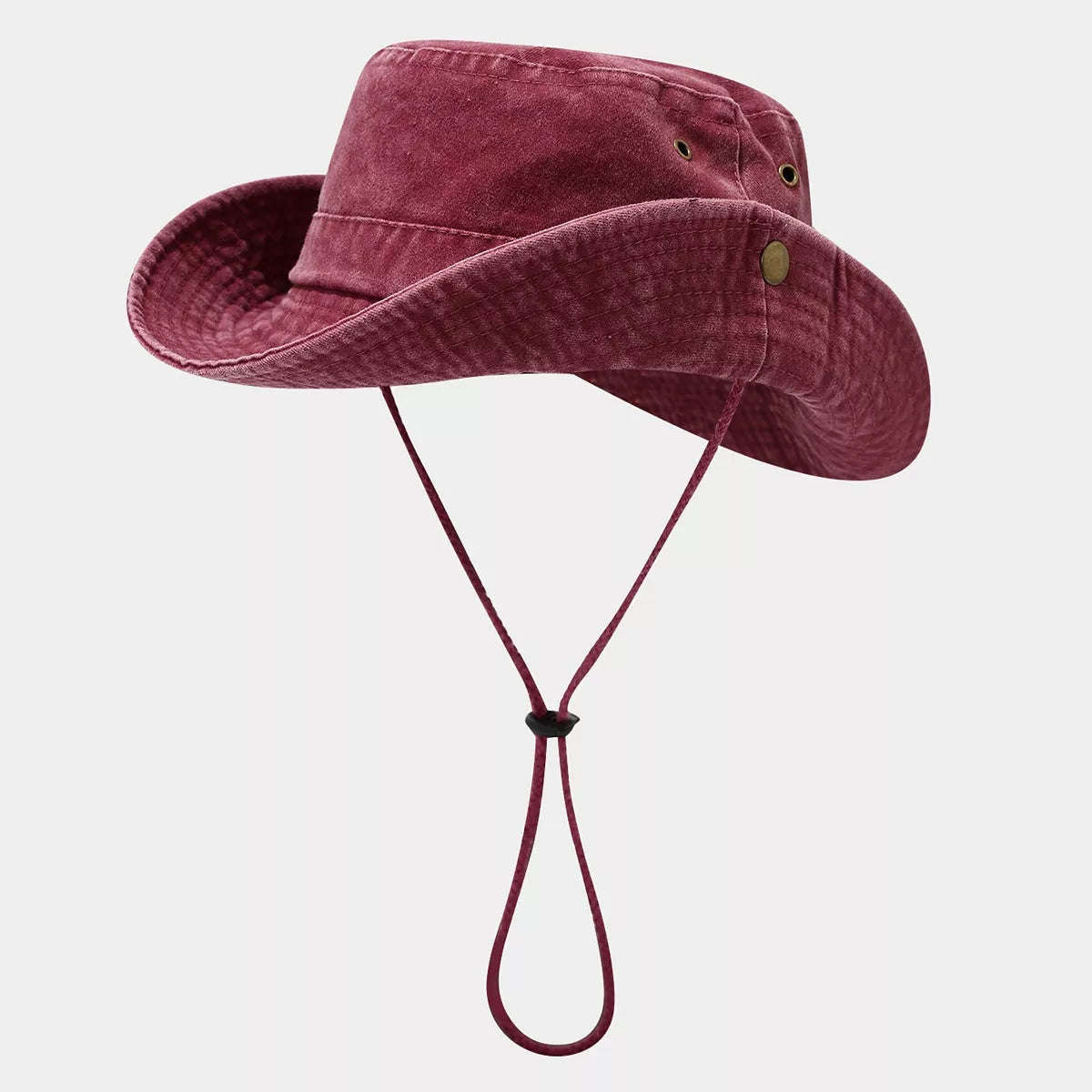Burgundy wide-brim bucket hat with eyelets and chin cord