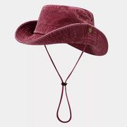 Burgundy wide-brim bucket hat with eyelets and chin cord