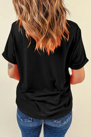 Back view of loose black short-sleeve T-shirt