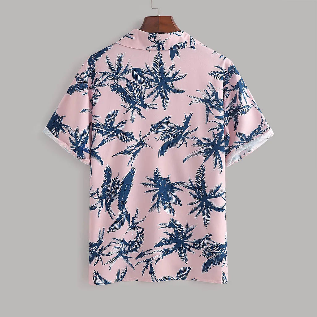 Back view of pink palm-print short-sleeve shirt