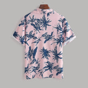 Back view of pink palm-print short-sleeve shirt