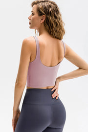 Rear three-quarter view of lilac cropped tank showing its scoop back