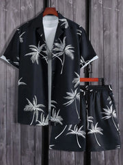 Black palm-print button-up shirt and matching shorts, front view
