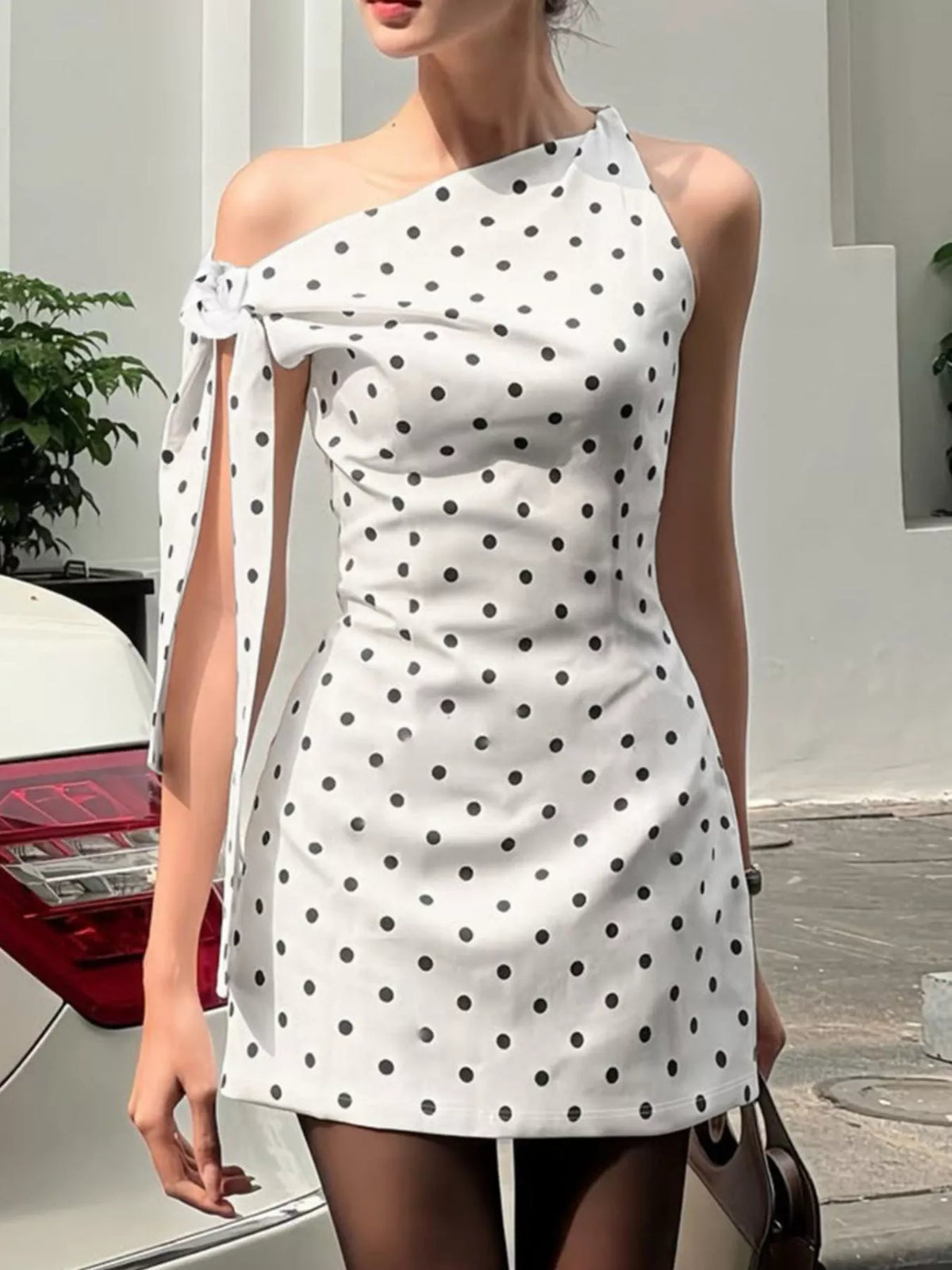 Polka dot mini dress, alternate front view