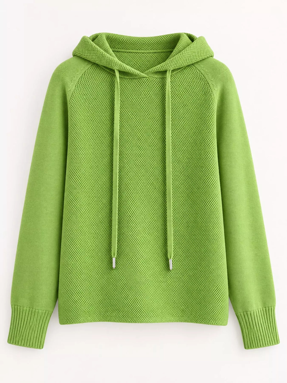 Light green drawstring hooded sweater displayed alone against a pale background.