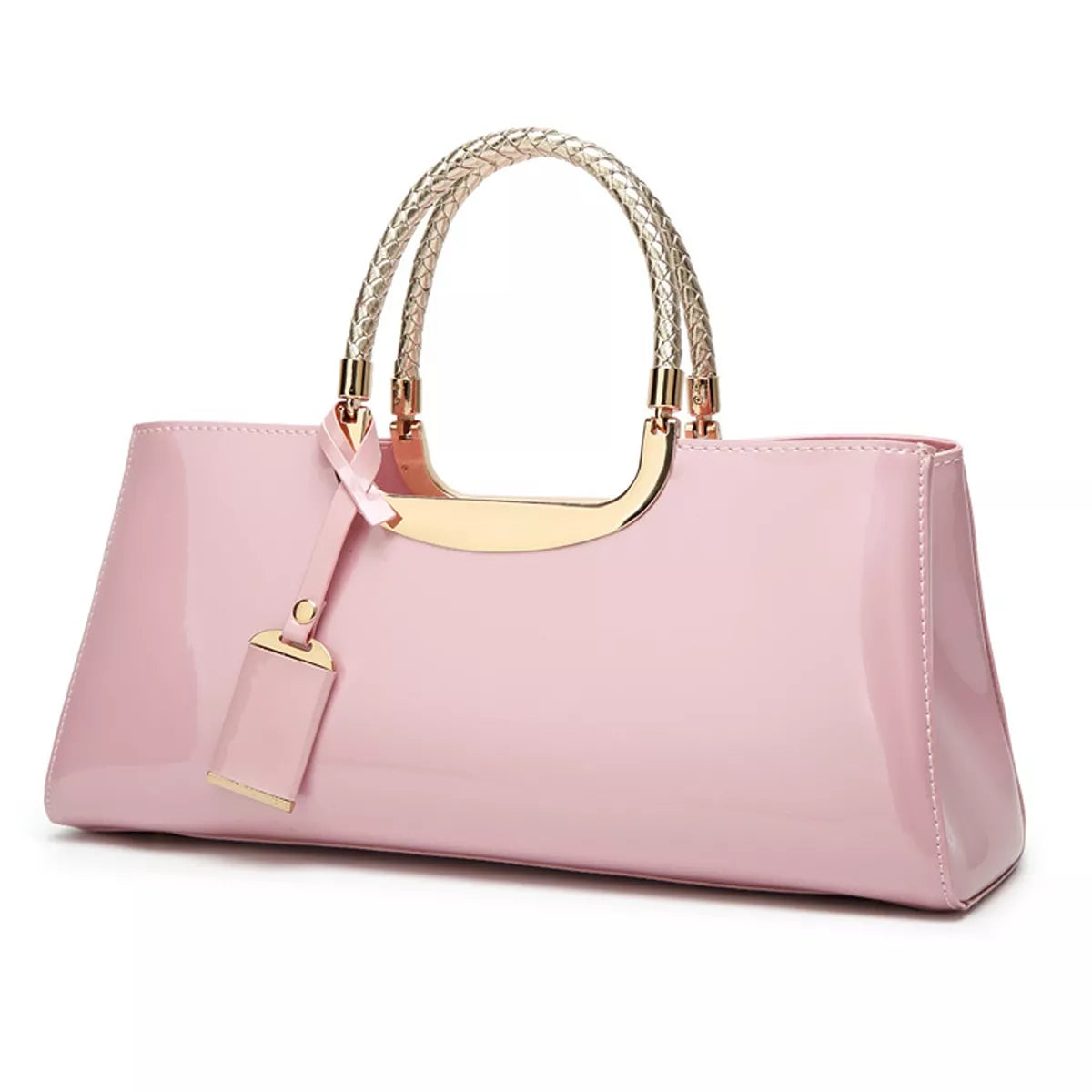 Pink patent-look handbag with braided top handles and hanging tag