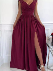 Front view of burgundy lace-detail maxi dress with gathered waist and slit