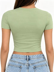Pale green crew-neck crop T-shirt, back view.